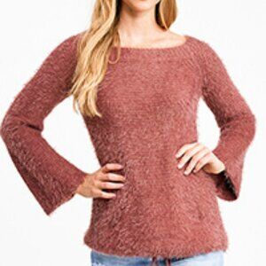 𝅺FUZZY Drawstring Kangaroo Pocket Long Knit Rust Rose Sweater Oversized  M/L